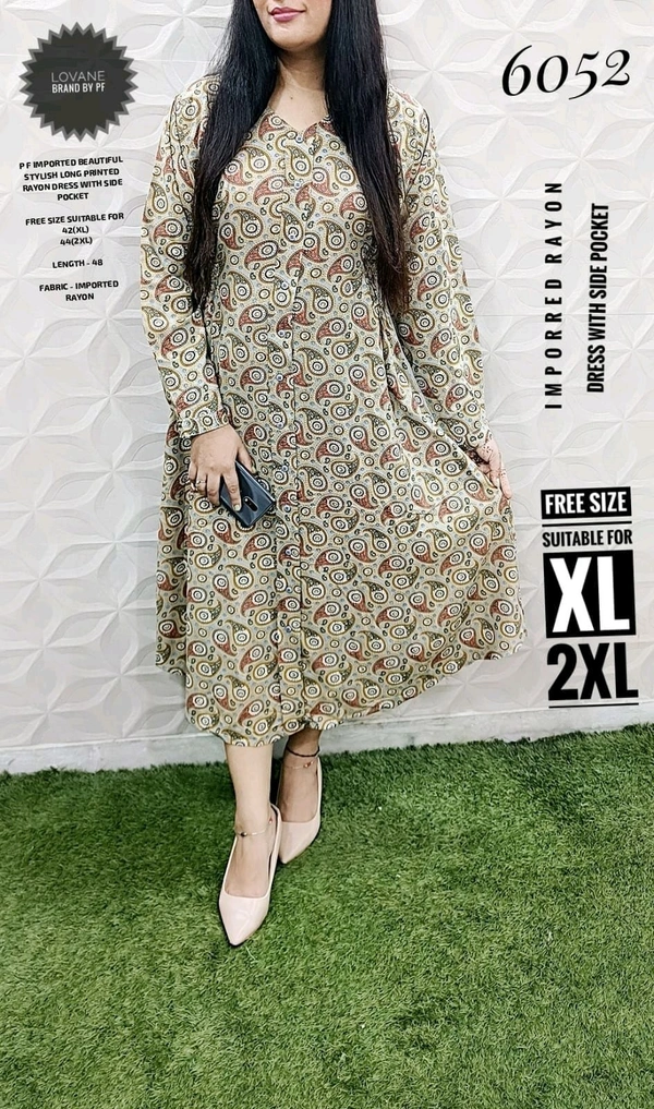 PFD 6052 BEAUTIFUL STYLISH PRINTED LONG DRESS WITH SIDE POCKET  RAYON COTTON MIX - Gold, 2XL-44