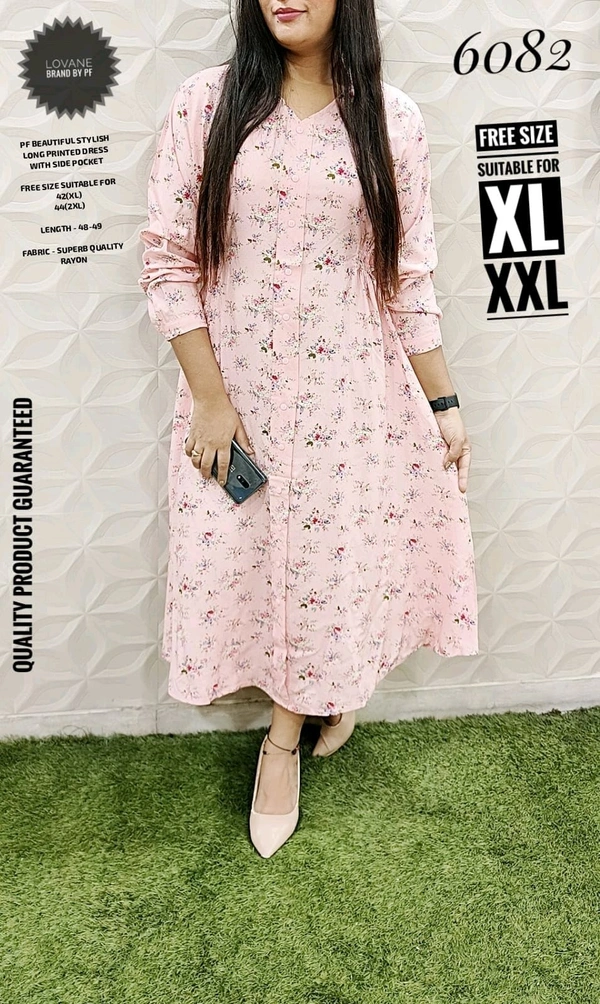 PFD 5459 IMPORTED BEAUTIFUL STYLISH PRINTED LONG DRESS WITH SIDE POCKET - Pink, 2XL-44