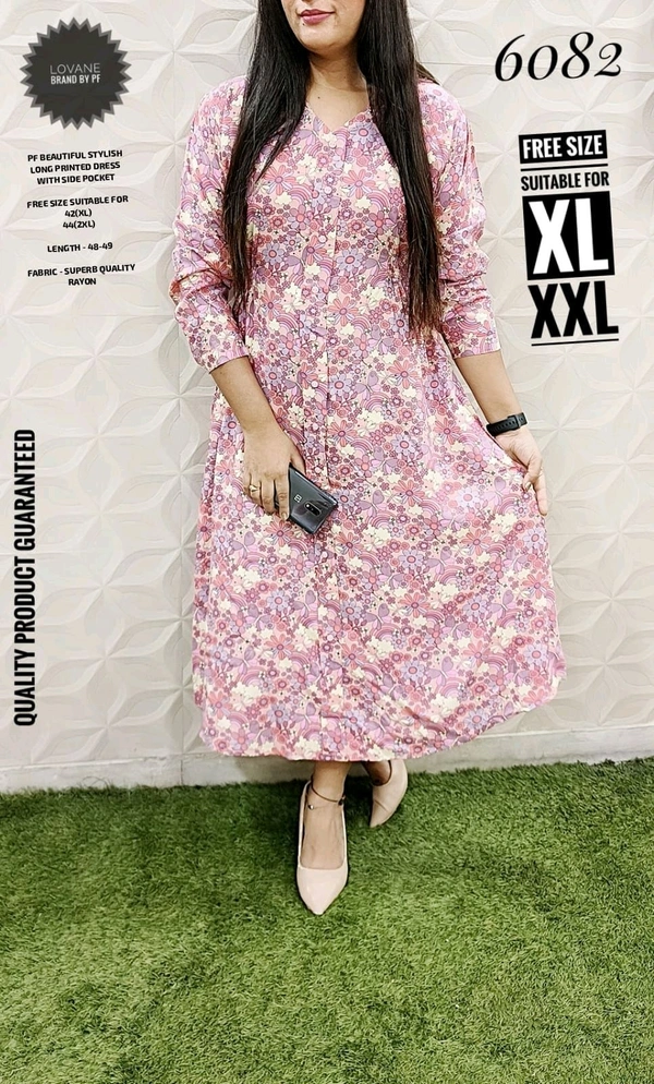PFD 5459 IMPORTED BEAUTIFUL STYLISH PRINTED LONG DRESS WITH SIDE POCKET - Dark Pink, 2XL-44