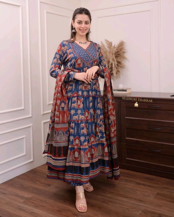 SF3  5462 Style with pure cotton 3-piece suit set elegant prints and lace work - Blue, XL-42