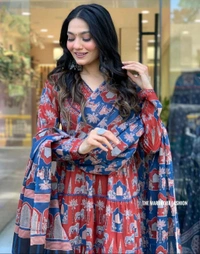 SF3  5462 Style with pure cotton 3-piece suit set elegant prints and lace work - Red, 3XL-46