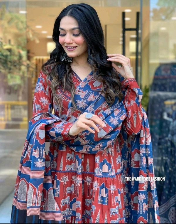 SF3  5462 Style with pure cotton 3-piece suit set elegant prints and lace work - Red, 3XL-46