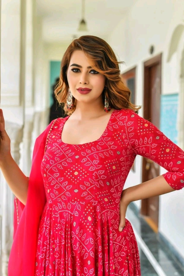 SF2  5463 *Beautiful Heavy Reyon Fabric Printed Pink Bandhani Anarkali with Reyon Mulmul Dupatta - L-40
