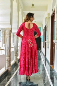 SF2  5463 *Beautiful Heavy Reyon Fabric Printed Pink Bandhani Anarkali with Reyon Mulmul Dupatta - L-40