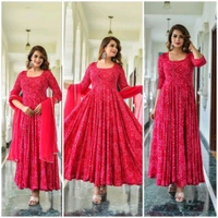 SF2  5463 *Beautiful Heavy Reyon Fabric Printed Pink Bandhani Anarkali with Reyon Mulmul Dupatta - L-40