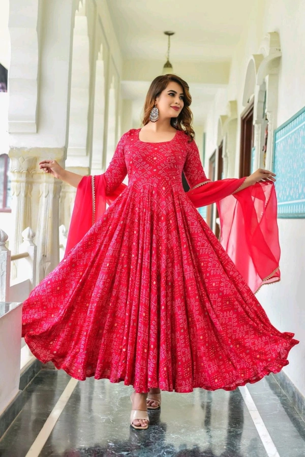 SF2  5463 *Beautiful Heavy Reyon Fabric Printed Pink Bandhani Anarkali with Reyon Mulmul Dupatta - XL-42
