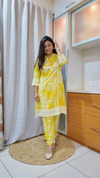 SF3  5467 Brighten your wardrobe with betel print Heavy cotton Co-ord setVibrant yellow & Lace Work    - Yellow, L-40