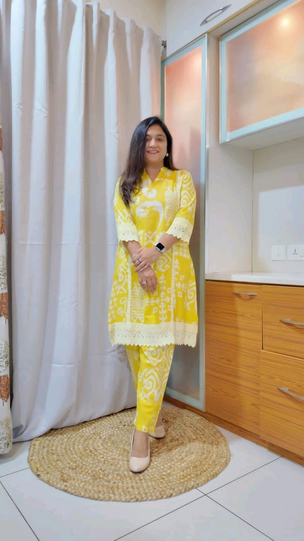 SF3  5467 Brighten your wardrobe with betel print Heavy cotton Co-ord setVibrant yellow & Lace Work    - Yellow, 3XL-46