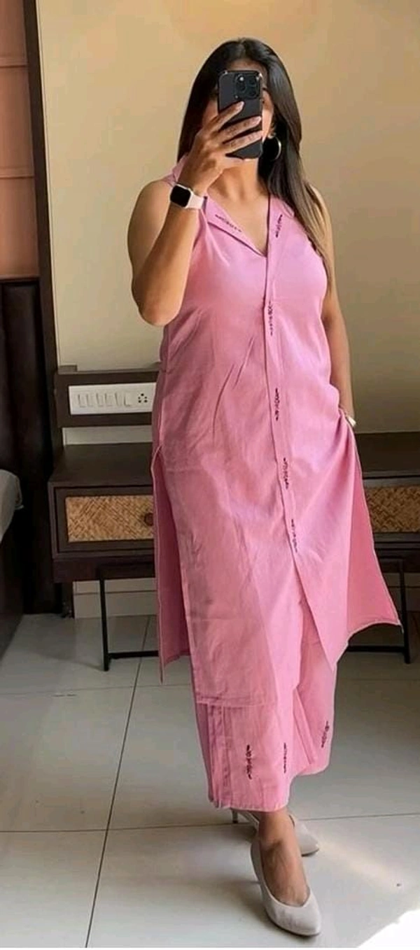 SF2  5470 "Stay cool and stylish  long with our sleeveless Cotton  kurta pant set -  - Pink, 2XL-44