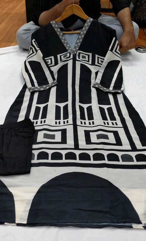 SF2 5472  🆕Trendy wear Charcoal Digital Panel Printed Muslin Silk Kurta and Pant set  - 2XL-44