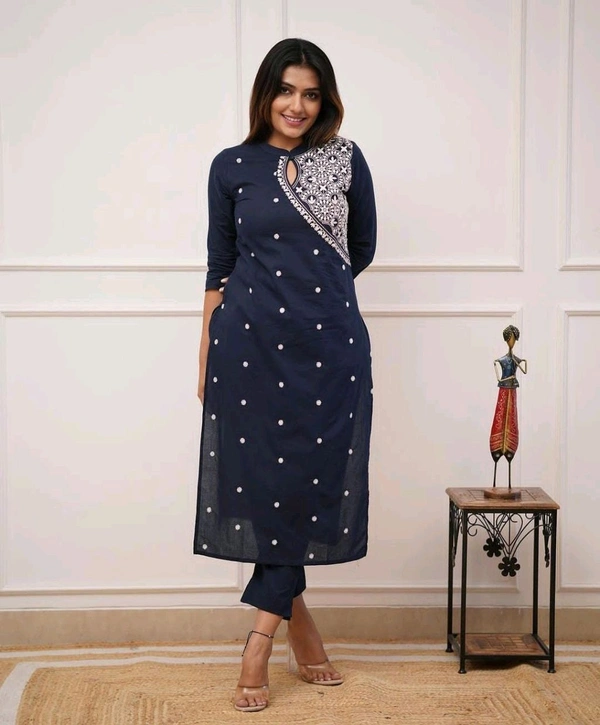 SF2 5473  Beautiful  Cotton  kurti pant  with embroidery  - Navy Blue, XL-42