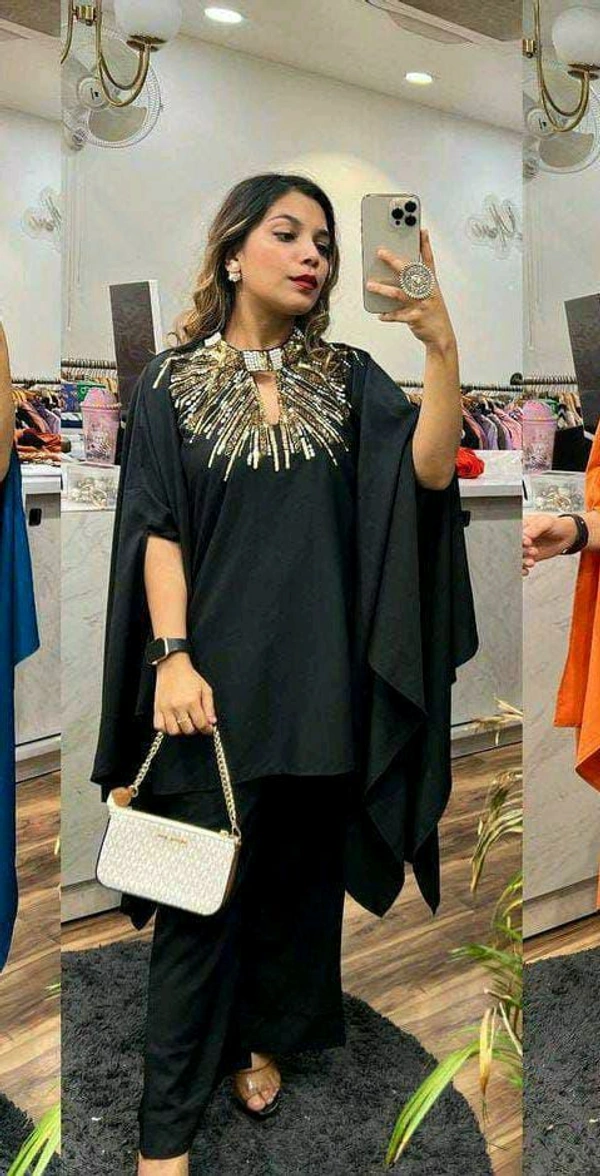 KD18 5487 Trending party wear cordset With neck seroaky and peal work  imported crepe - Black, XL-42