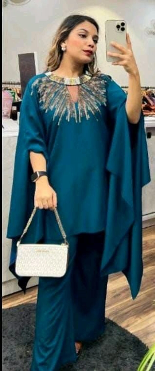 KD18 5487 Trending party wear cordset With neck seroaky and peal work  imported crepe - Blue blue, XL-42