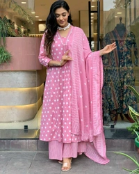 SF3  5492 New lonch Designer three piece*V* *Neck* *Yoke* Mughal block kurti pant dupatta set in *Premium fine block Mul cotton* whit digital print  - M-38