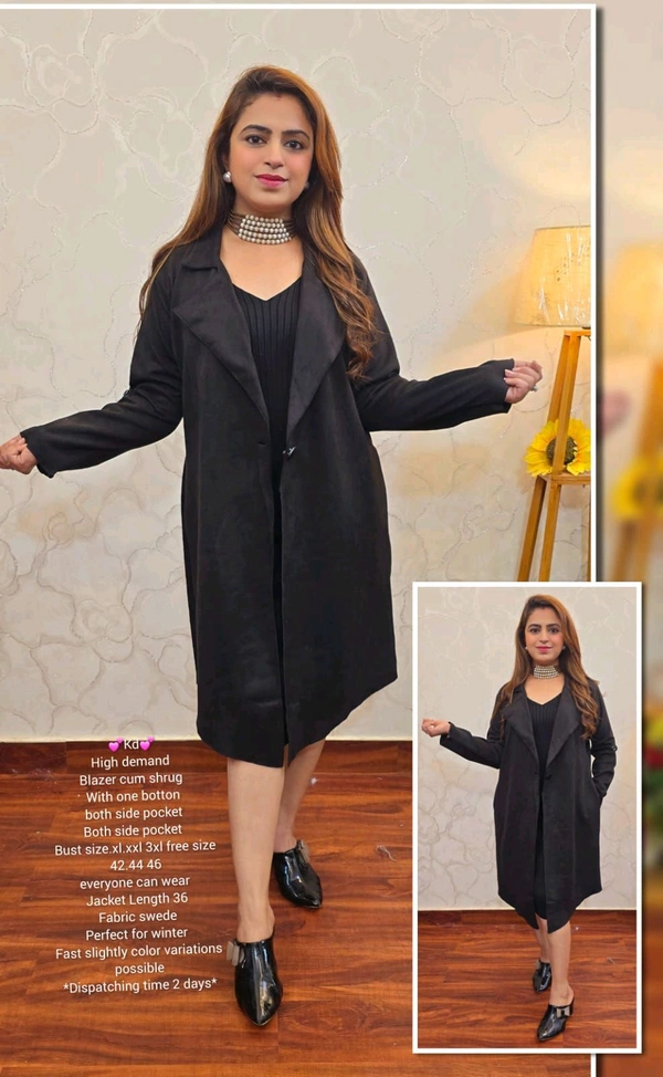 KD18  5513 High demand Blazer cum shrug With one botton both side pocket  - Black, 3XL-46