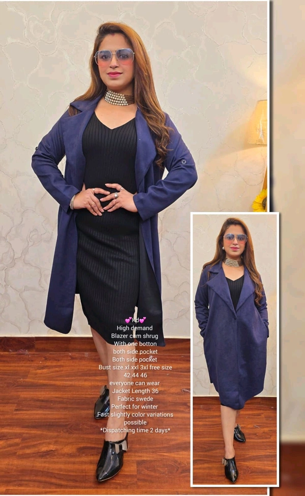 KD18  5513 High demand Blazer cum shrug With one botton both side pocket  - Navy Blue, 3XL-46