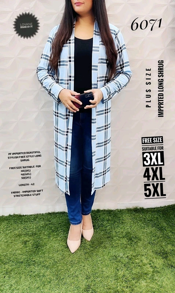 PFD  6071  IMPORTED SUPER SOFT STYLISH LONG FREE STYLE  SHRUG - Blue, 4XL-48