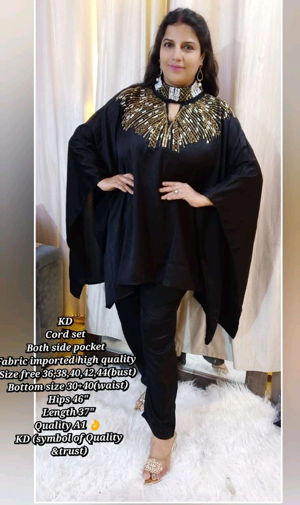 KD18 5516 Trending party wear cordset With neck seroaky and peal workBoth side pocket Fabric imported crepe high quality  - Black, M-38