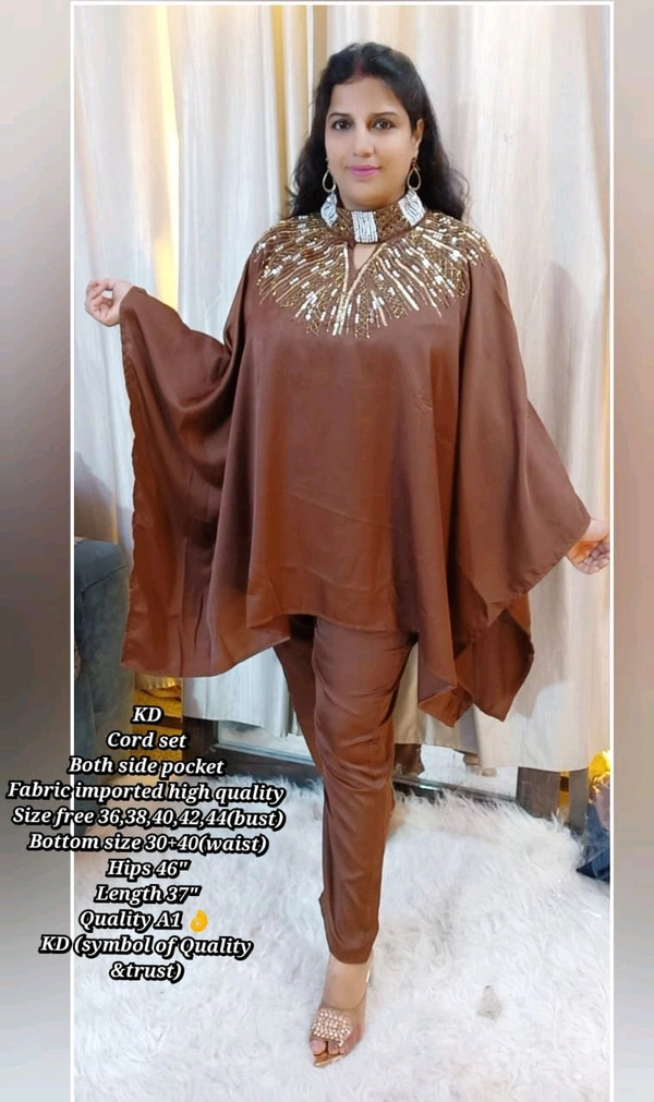 KD18 5516 Trending party wear cordset With neck seroaky and peal workBoth side pocket Fabric imported crepe high quality  - Brown, M-38