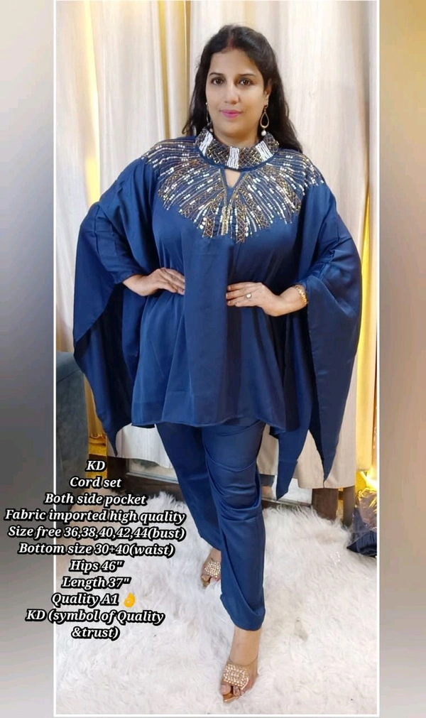 KD18 5516 Trending party wear cordset With neck seroaky and peal workBoth side pocket Fabric imported crepe high quality  - Blue, M-38