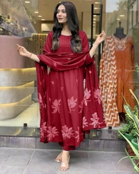 SF3  5519  Latest launch a pintex Pure Cotton Set discharge print kurti with pant and mulmul printed dupatta - Red, L-40