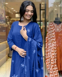 SF3  5519  Latest launch a pintex Pure Cotton Set discharge print kurti with pant and mulmul printed dupatta - Navy Blue, M-38