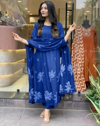 SF3  5519  Latest launch a pintex Pure Cotton Set discharge print kurti with pant and mulmul printed dupatta - Navy Blue, 3XL-46