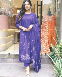 SF3  5519  Latest launch a pintex Pure Cotton Set discharge print kurti with pant and mulmul printed dupatta - Purple, 3XL-46