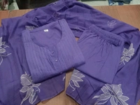 SF3  5519  Latest launch a pintex Pure Cotton Set discharge print kurti with pant and mulmul printed dupatta - Purple, 3XL-46