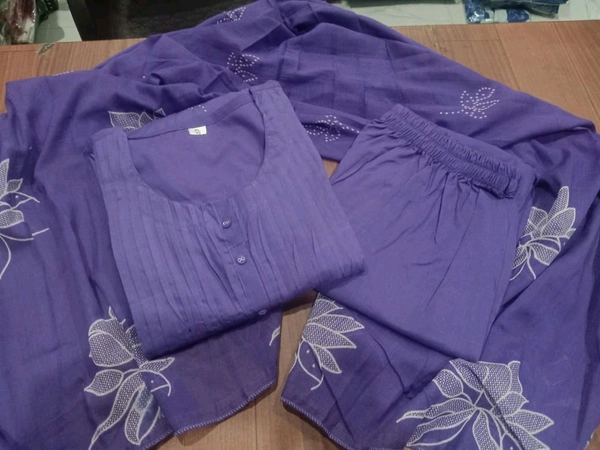 SF3  5519  Latest launch a pintex Pure Cotton Set discharge print kurti with pant and mulmul printed dupatta - Purple, 3XL-46