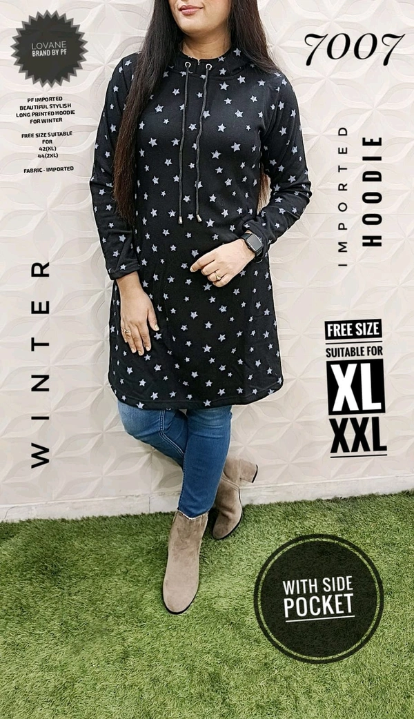 PFD 7007 IMPORTED BEAUTIFUL STYLISH PRINTED LONG WINTER HOODIE WITH SIDE POCKET - Black, 2XL-44