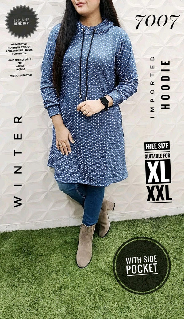 PFD 7007 IMPORTED BEAUTIFUL STYLISH PRINTED LONG WINTER HOODIE WITH SIDE POCKET - Blue, XL-42