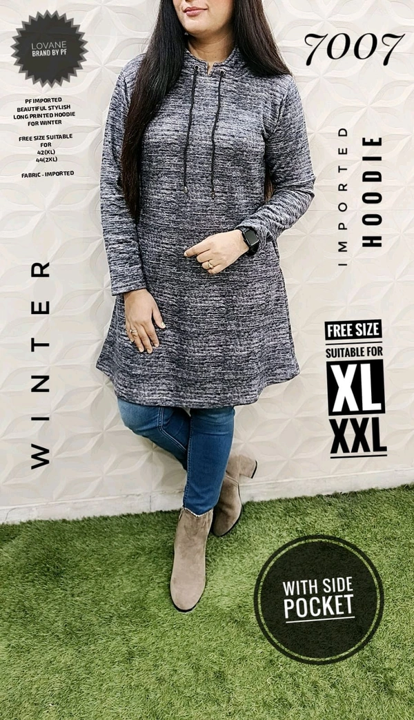 PFD 7007 IMPORTED BEAUTIFUL STYLISH PRINTED LONG WINTER HOODIE WITH SIDE POCKET - Gray, 2XL-44