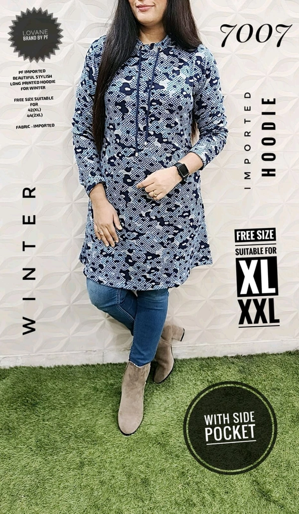 PFD 7007 IMPORTED BEAUTIFUL STYLISH PRINTED LONG WINTER HOODIE WITH SIDE POCKET - Cornflower Blue, XL-42