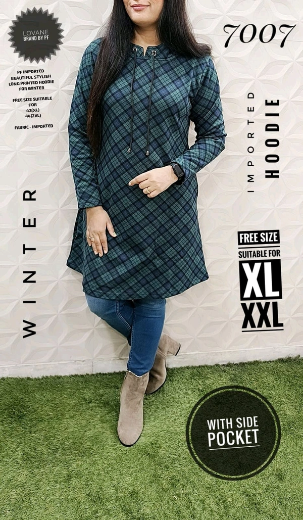 PFD 7007 IMPORTED BEAUTIFUL STYLISH PRINTED LONG WINTER HOODIE WITH SIDE POCKET - Navy Blue, XL-42