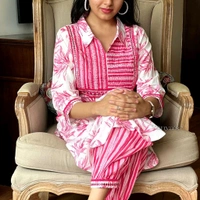SF2 5525 New amazing kurti Afghan pant flower print*Full embroidery - Pink, 3XL-46