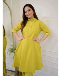 SF2  5526  Beautiful Mul Cotton Co-ord Set  with cute little pockets - Yellow, XL-42