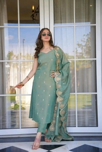 ARM 5529  Kurti - Pant - Dupatta   Kurti Roman silk: Pant  Roman silk: Dupatta  Roman silk  Embroidery Work  - M-38