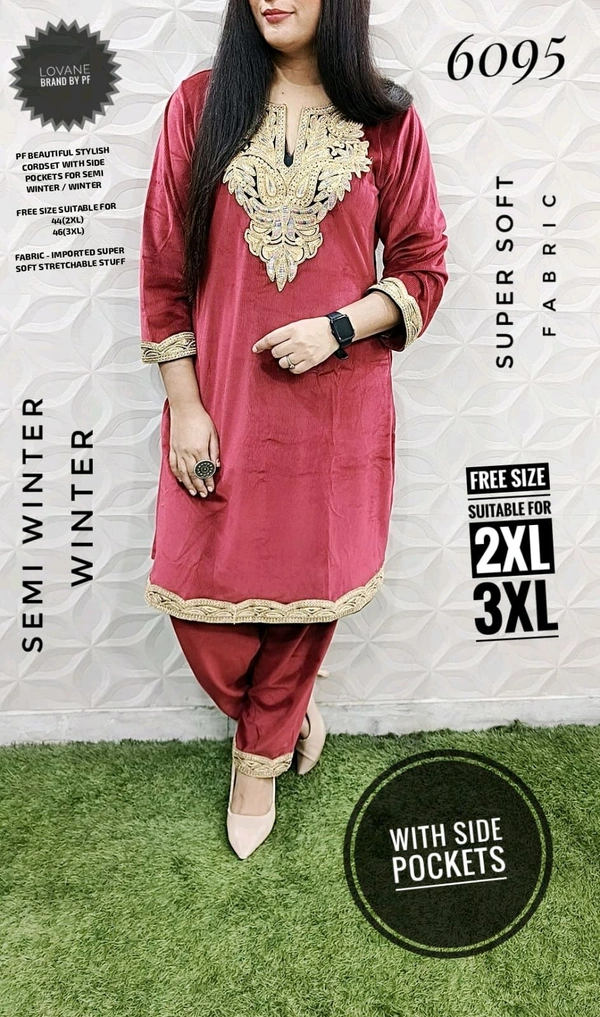 PFD 6095 *BEAUTIFUL STYLISH   CORDSET WITH SIDE POCKET -SUPERB QUALITY IMPORTED SUPER SOFT STUFF - Pink, 2XL-44