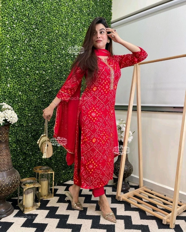 SF2  5537  SpecialBandhani Cotton   Sequence Work On kurta and Plain Malmal Duppata with Plain Pant - XL-42