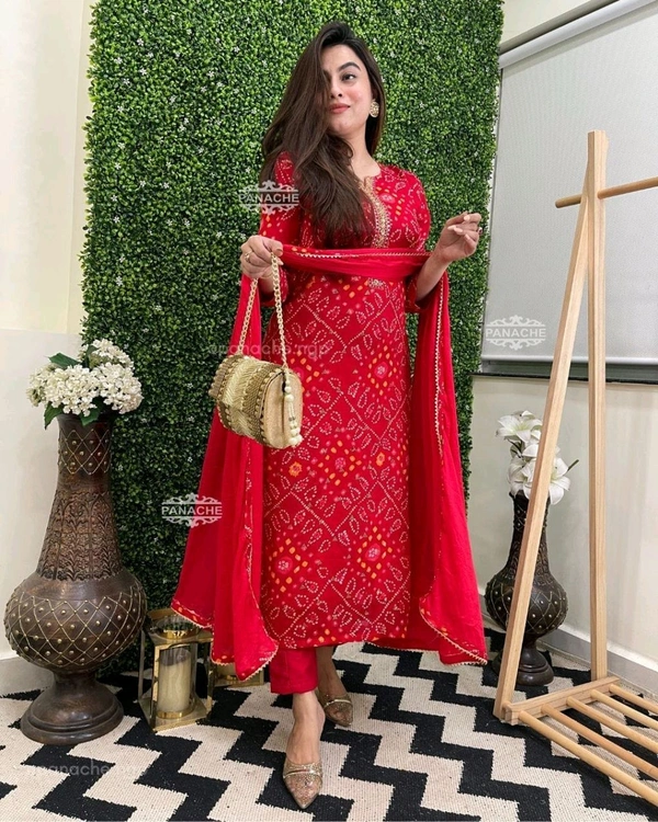 SF2  5537  SpecialBandhani Cotton   Sequence Work On kurta and Plain Malmal Duppata with Plain Pant - XL-42