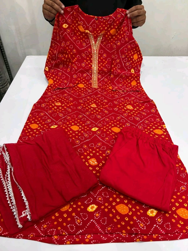 SF2  5537  SpecialBandhani Cotton   Sequence Work On kurta and Plain Malmal Duppata with Plain Pant - XL-42