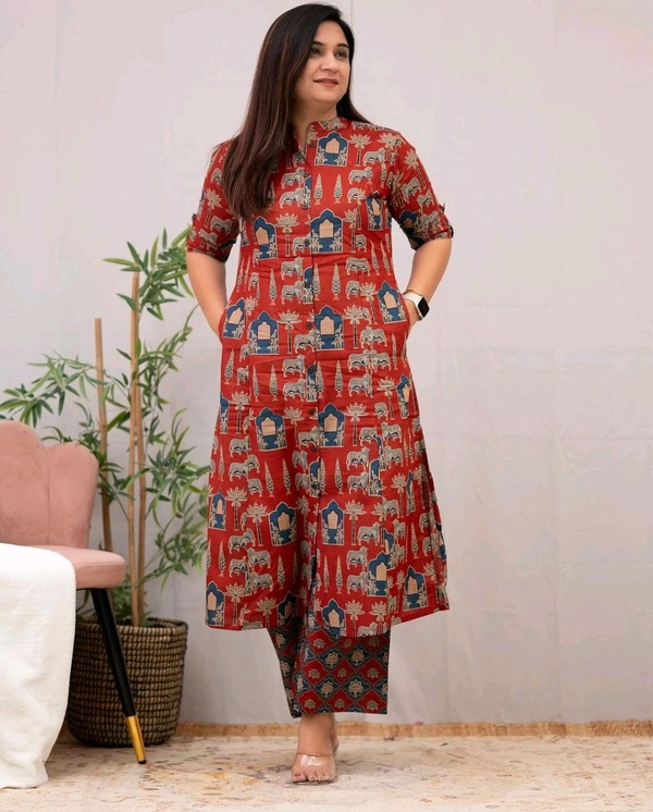 SF2  5538 New Designer Cotton  Co-ord  set* Aline kurti side pocket - Red, 2XL-44