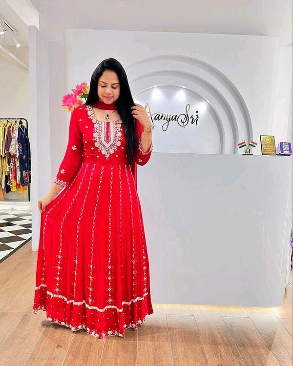 SF3 5541  Embroidery dress This chinnon Anarkali with Jari Embroidery work  Chinnon Silk  - Red, M-38