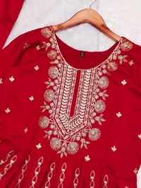 SF3 5541  Embroidery dress This chinnon Anarkali with Jari Embroidery work  Chinnon Silk  - Red, XL-42