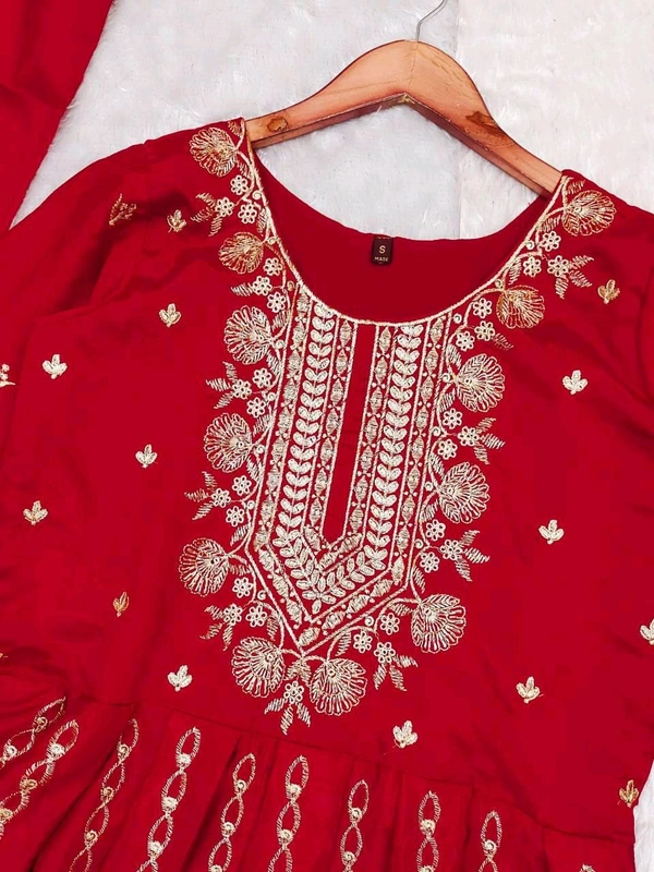 SF3 5541  Embroidery dress This chinnon Anarkali with Jari Embroidery work  Chinnon Silk  - Red, XL-42