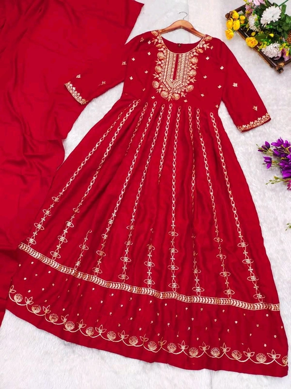 SF3 5541  Embroidery dress This chinnon Anarkali with Jari Embroidery work  Chinnon Silk  - Red, XL-42