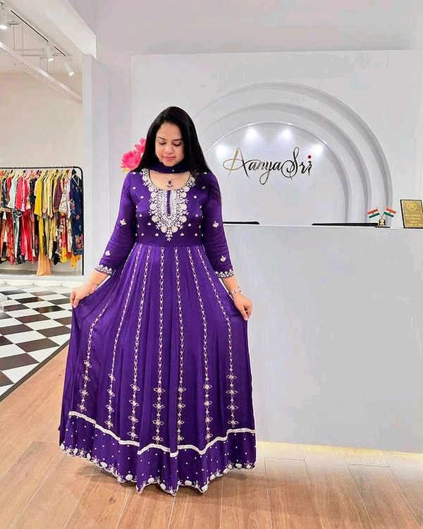 SF3 5541  Embroidery dress This chinnon Anarkali with Jari Embroidery work  Chinnon Silk  - Purple, L-40
