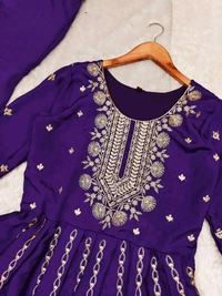 SF3 5541  Embroidery dress This chinnon Anarkali with Jari Embroidery work  Chinnon Silk  - Purple, 2XL-44