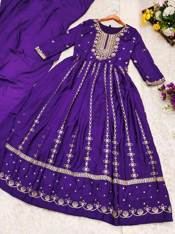 SF3 5541  Embroidery dress This chinnon Anarkali with Jari Embroidery work  Chinnon Silk  - Purple, 2XL-44